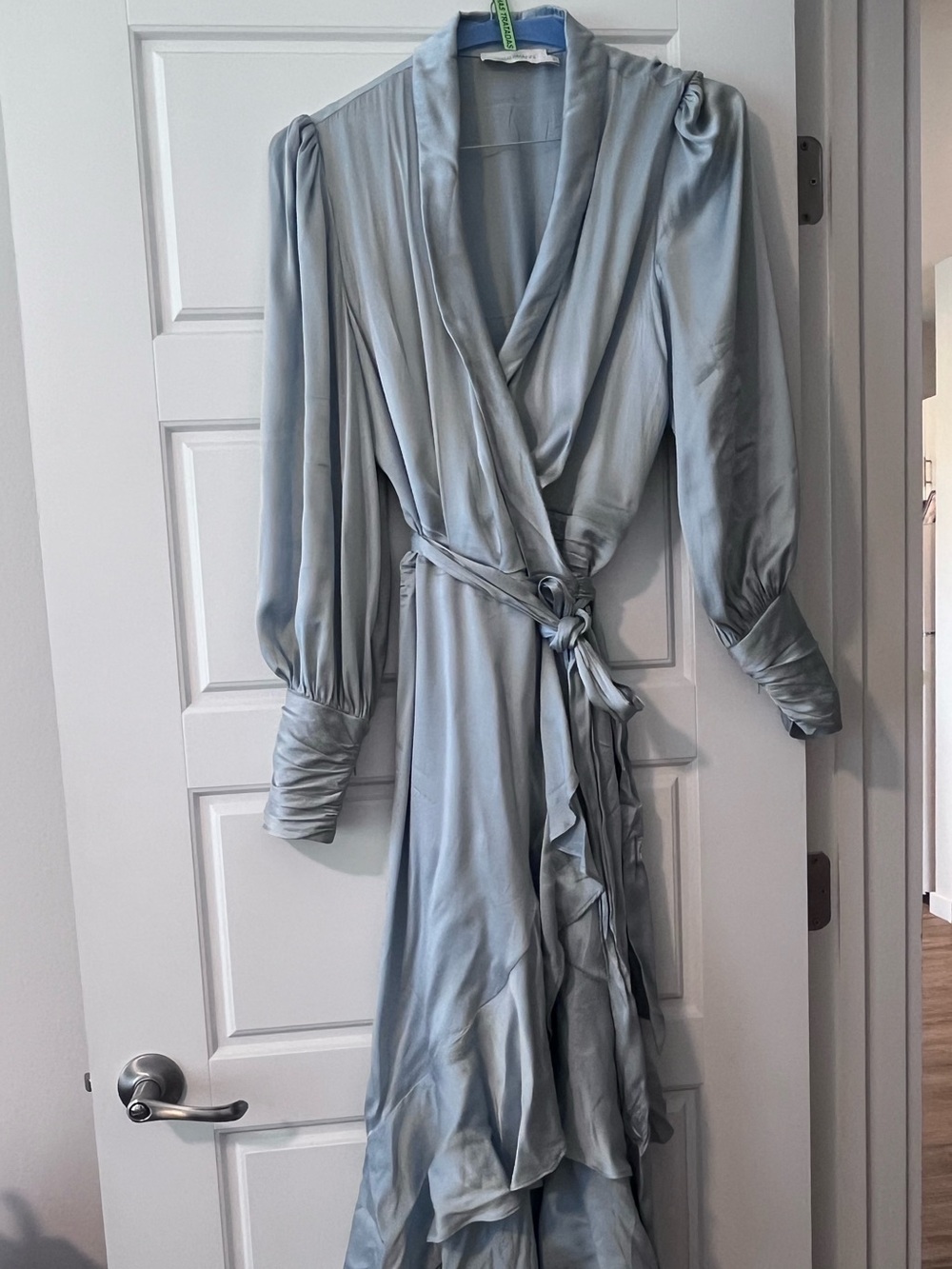 Zimmermann Sky-Blue Satin High-Low Wrap Dress - Picture 2 of 10